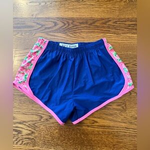 Krass & Co Women's Preppy Blue Shorts with Pink Trim/ flowers.